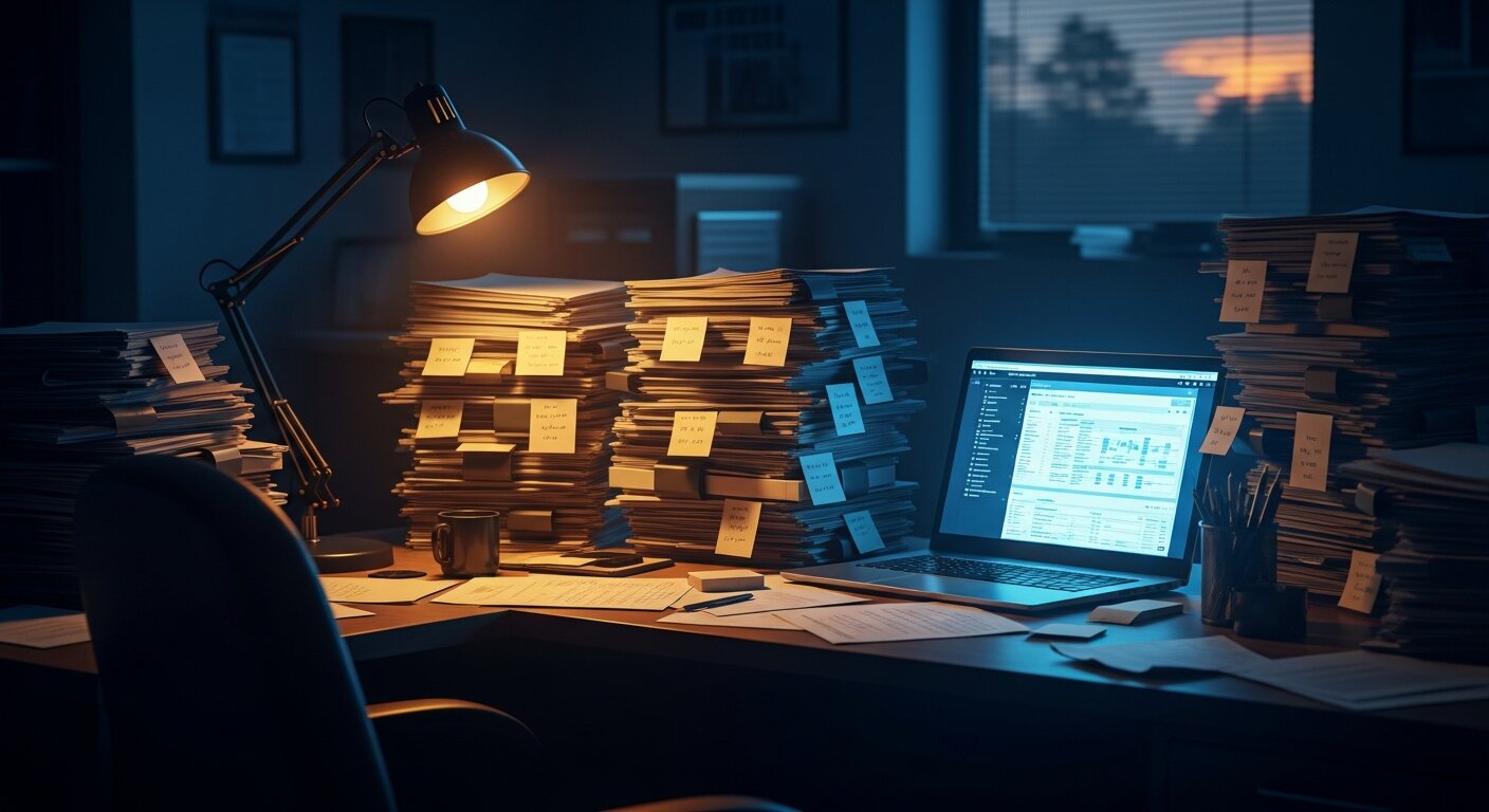 A jail administrator's desk buried under tall stacks of paper reports and notes, with a single laptop screen glowing with a clean, organized case view — symbolizing 20 hours of manual review condensed into minutes.