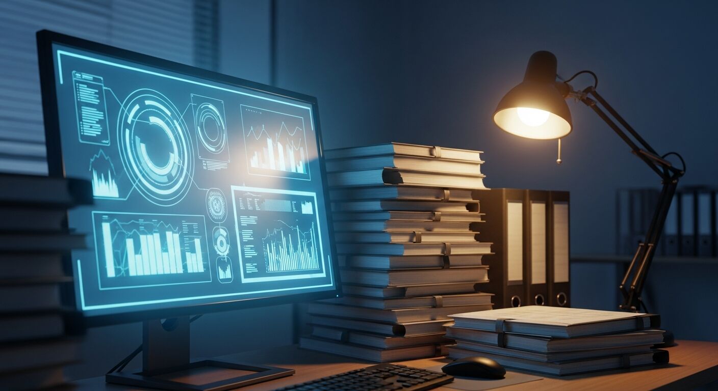 A detective's desk at dusk with a monitor glowing with blue data-analysis visuals beside tall stacks of printed case documents