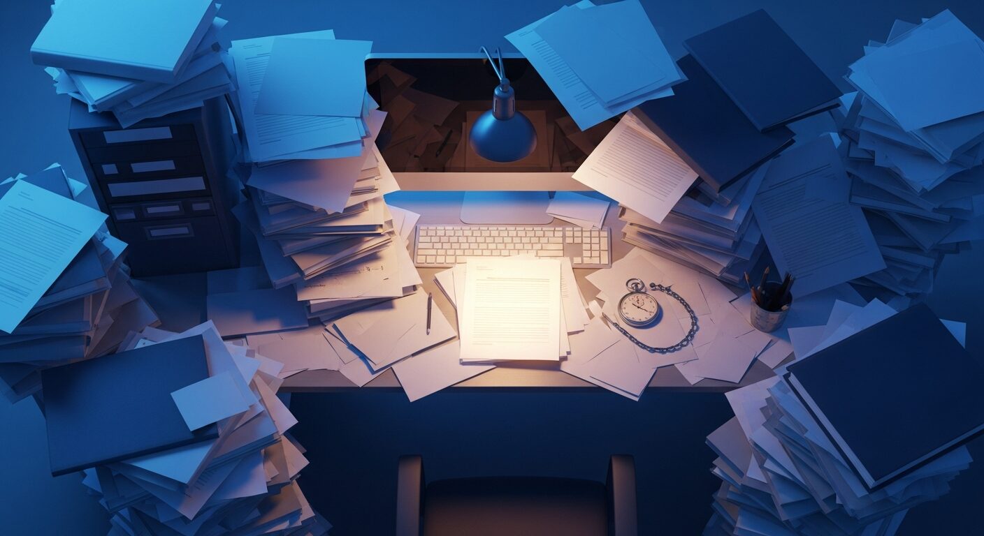 An office desk at dusk buried under drifts of paper documents with one page glowing softly amid the clutter and a stopwatch resting on the desk edge