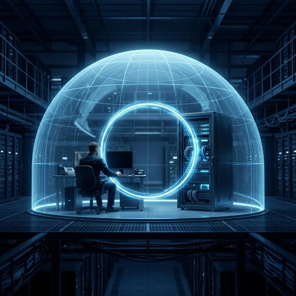 A glowing closed loop of light connecting a detective's workstation to a shielded server rack inside a protective dome — symbolizing closed loop AI keeping case data inside a secure government cloud.