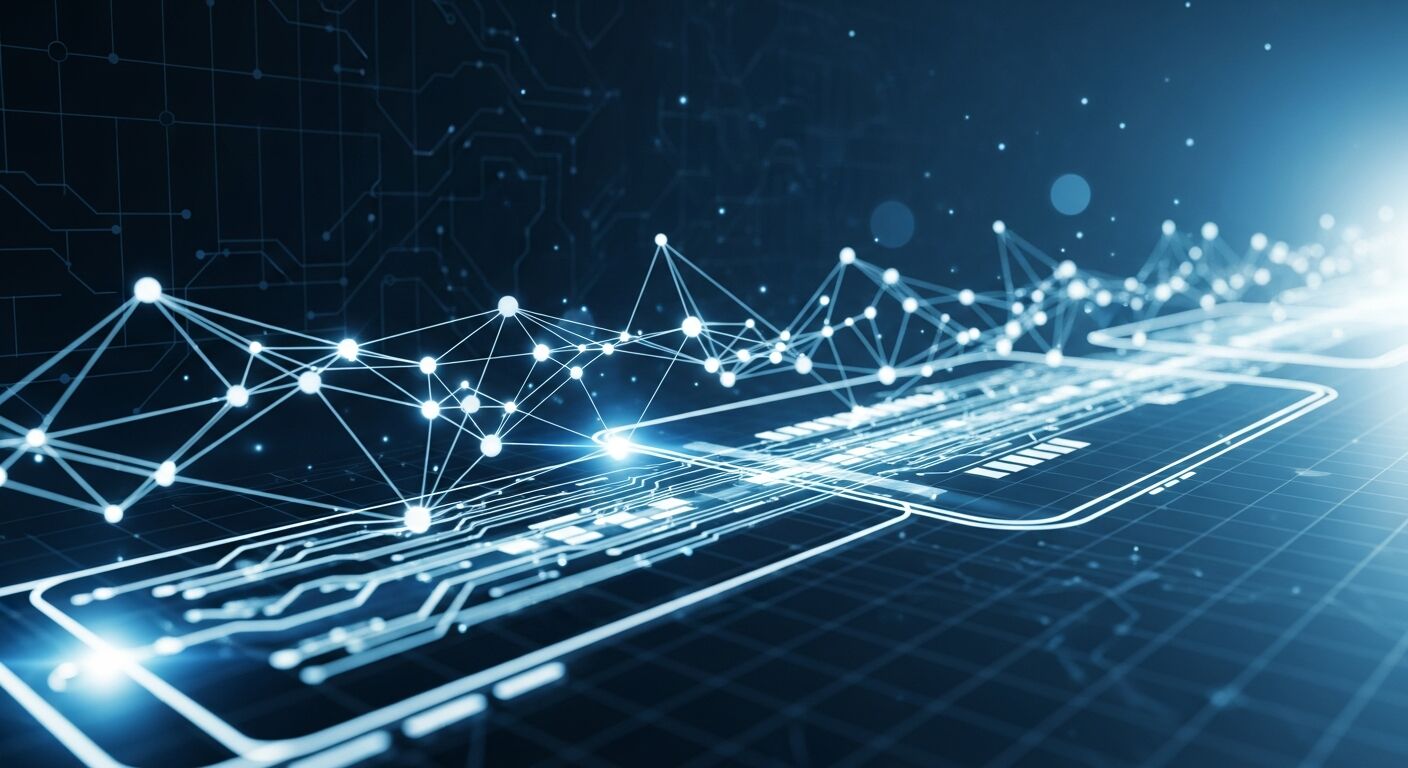A glowing blue network of interconnected nodes and data streams flowing across stylized smartphone shapes on a dark background