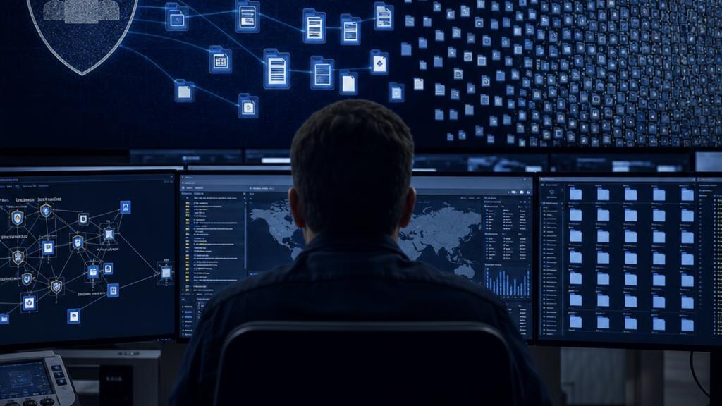 A digital forensics investigator reviewing a growing volume of encrypted evidence in a secure operations room.