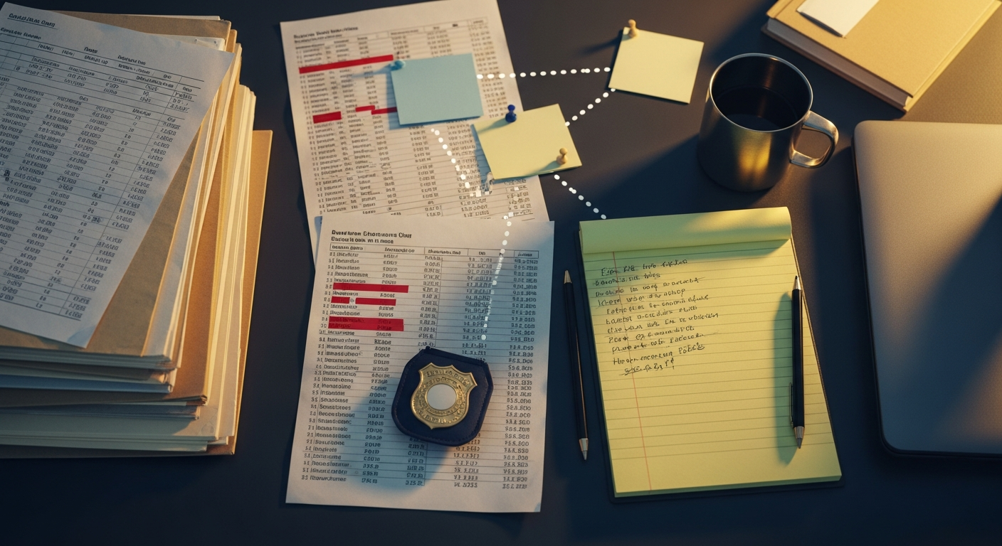 Case files and bank statements on an investigator's desk in warm evening light