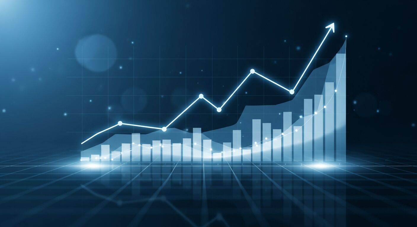 Abstract glowing bar charts and an upward trending line graph in blue and white on a dark background