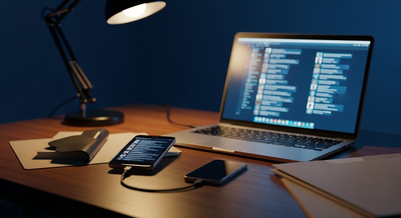 A detective's desk at night with a seized smartphone connected to a laptop mid-extraction, evidence bags and printed reports nearby