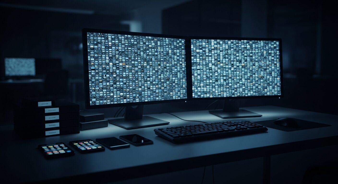 A dimly lit digital forensics workstation at night with monitors displaying vast grids of blurred file thumbnails beside stacks of labeled evidence drives