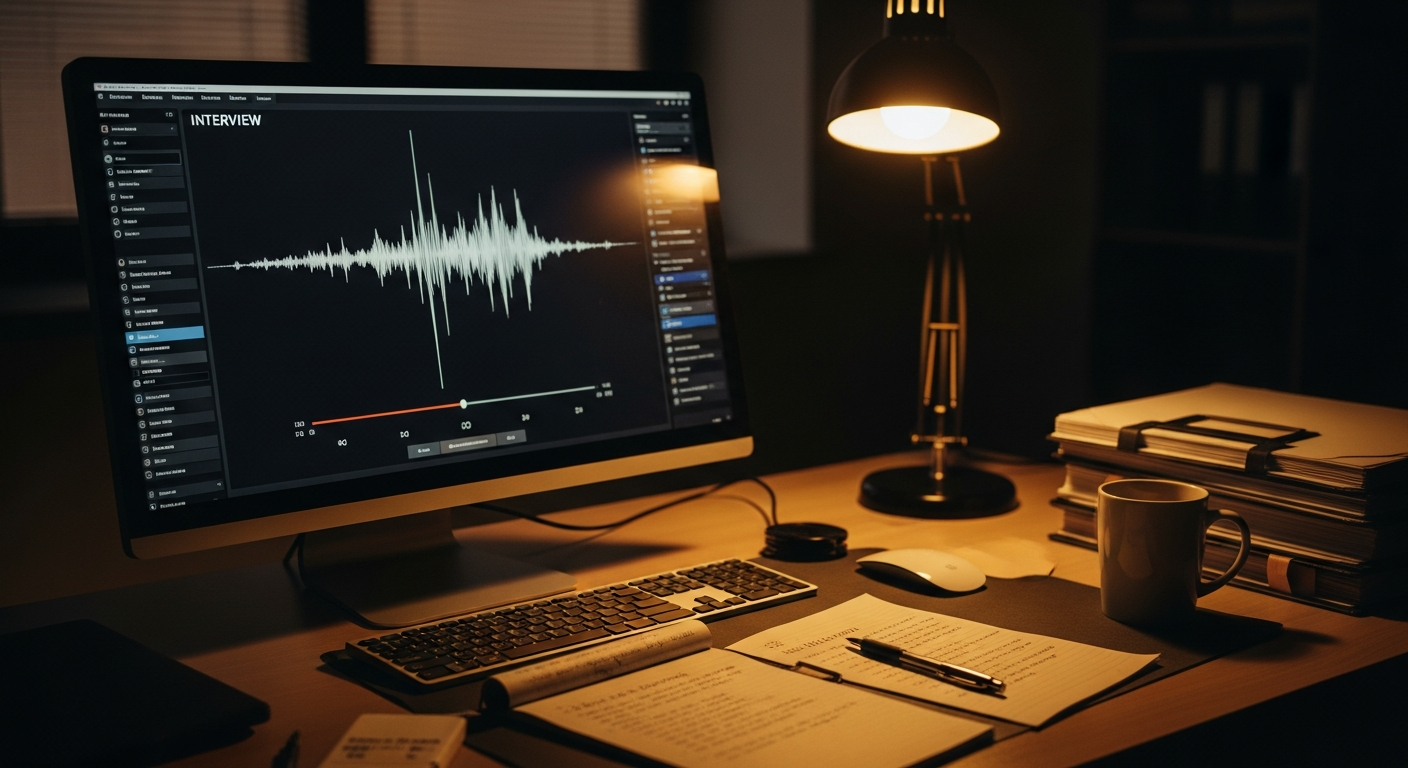 An investigator's desk in warm evening light with an interview recording on a monitor, a notepad, and a stack of case files