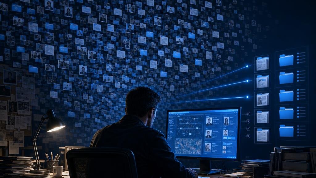 A detective at a desk late at night facing a wall of thousands of tiny glowing file icons, while software on the monitor organizes some of them into neat prioritized stacks.