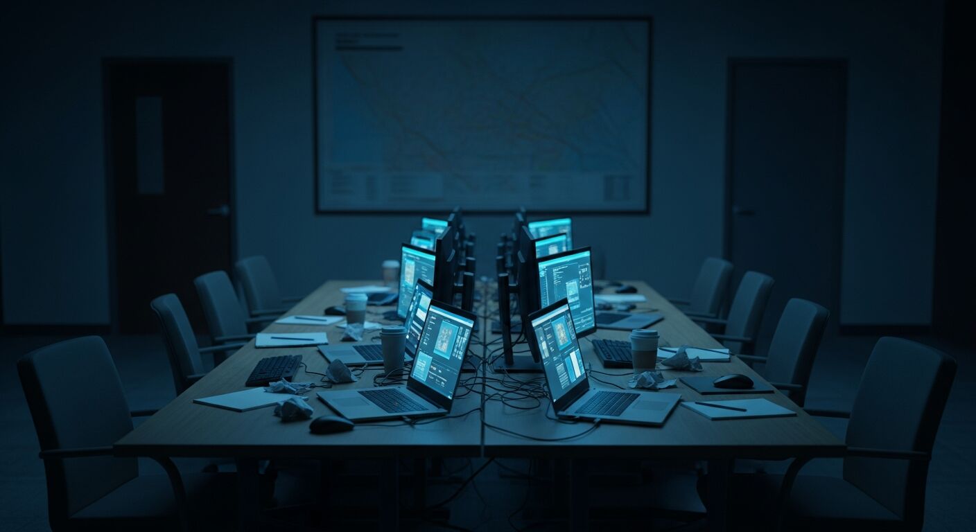 A dimly lit law enforcement task force operations room late at night with open laptops glowing on a long table