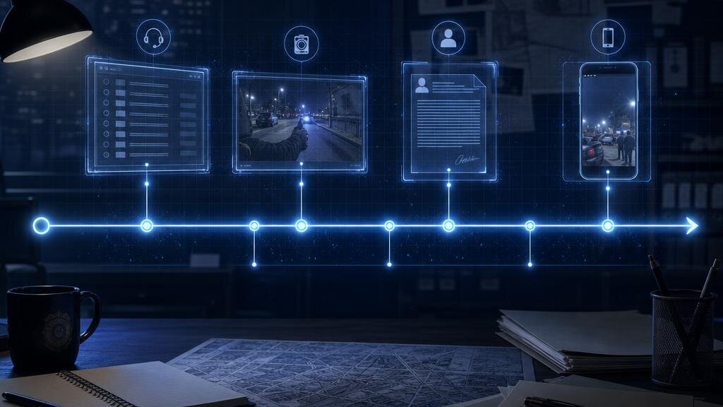 A glowing chronological timeline of case events stretching across a detective's desk, connecting dispatch logs, body camera footage, and witness statements into one clear sequence.