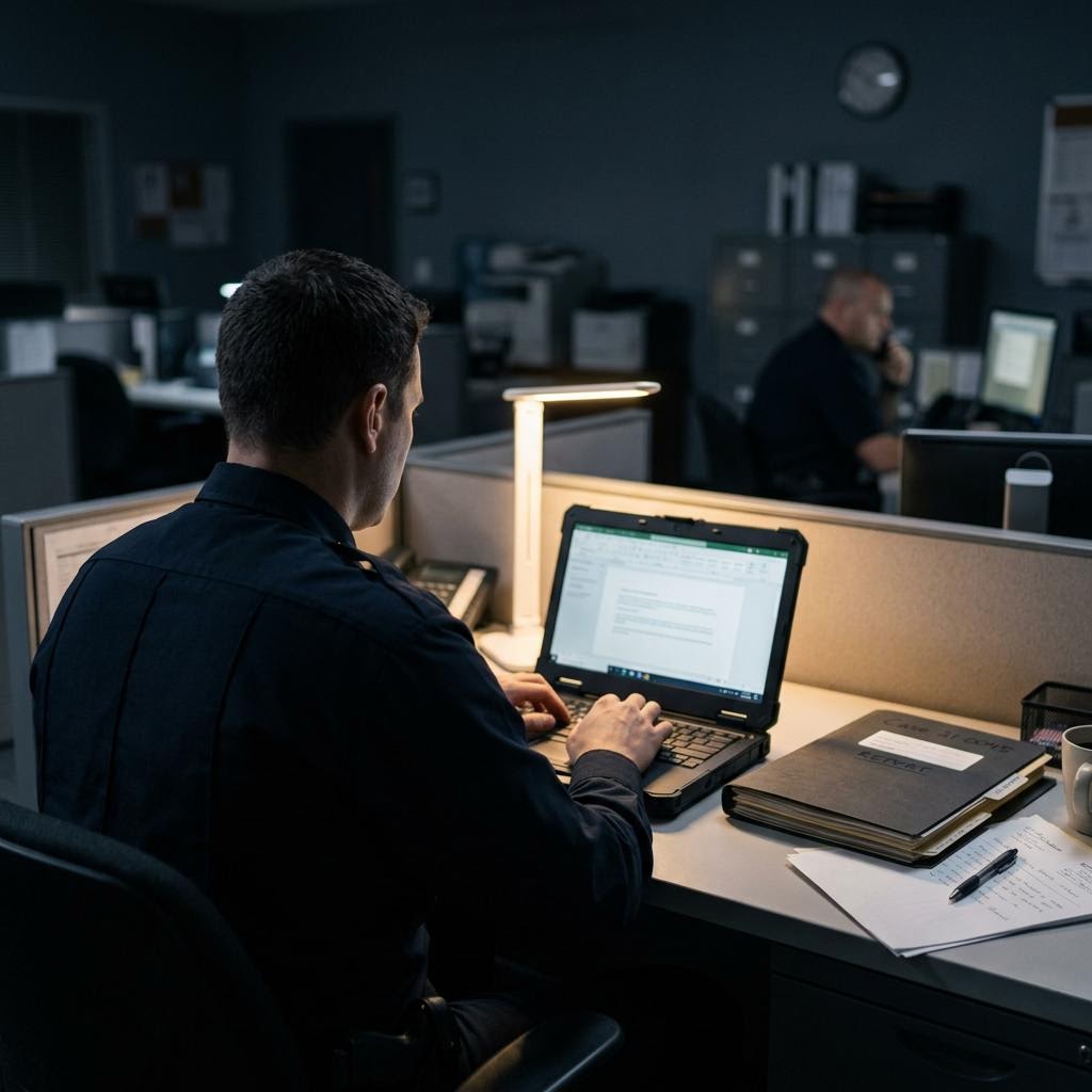 A patrol officer organizing case notes at a laptop during the night shift