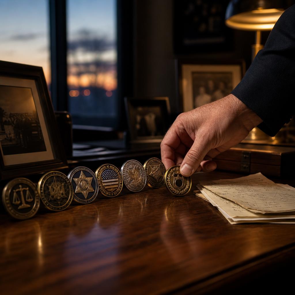 Challenge coins, shift notes, and photographs arranged on a retiring police sergeant's desk.