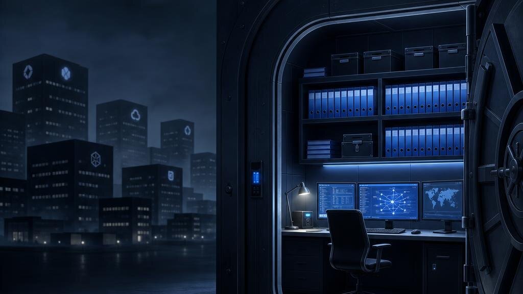 A lone secure investigative workstation glowing with organized blue case files inside a protective vault, while distant generic tech buildings remain in the shadows.